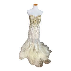 Womens Fabuluxe Couture Champagne & Gold Strapless Hand Beaded Fit Dress Gown XL
